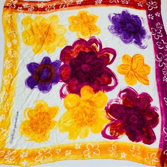 Emanuel Ungaro silk bright yellow, white & purple hued bold floral print scarf - Picture 2 of 5